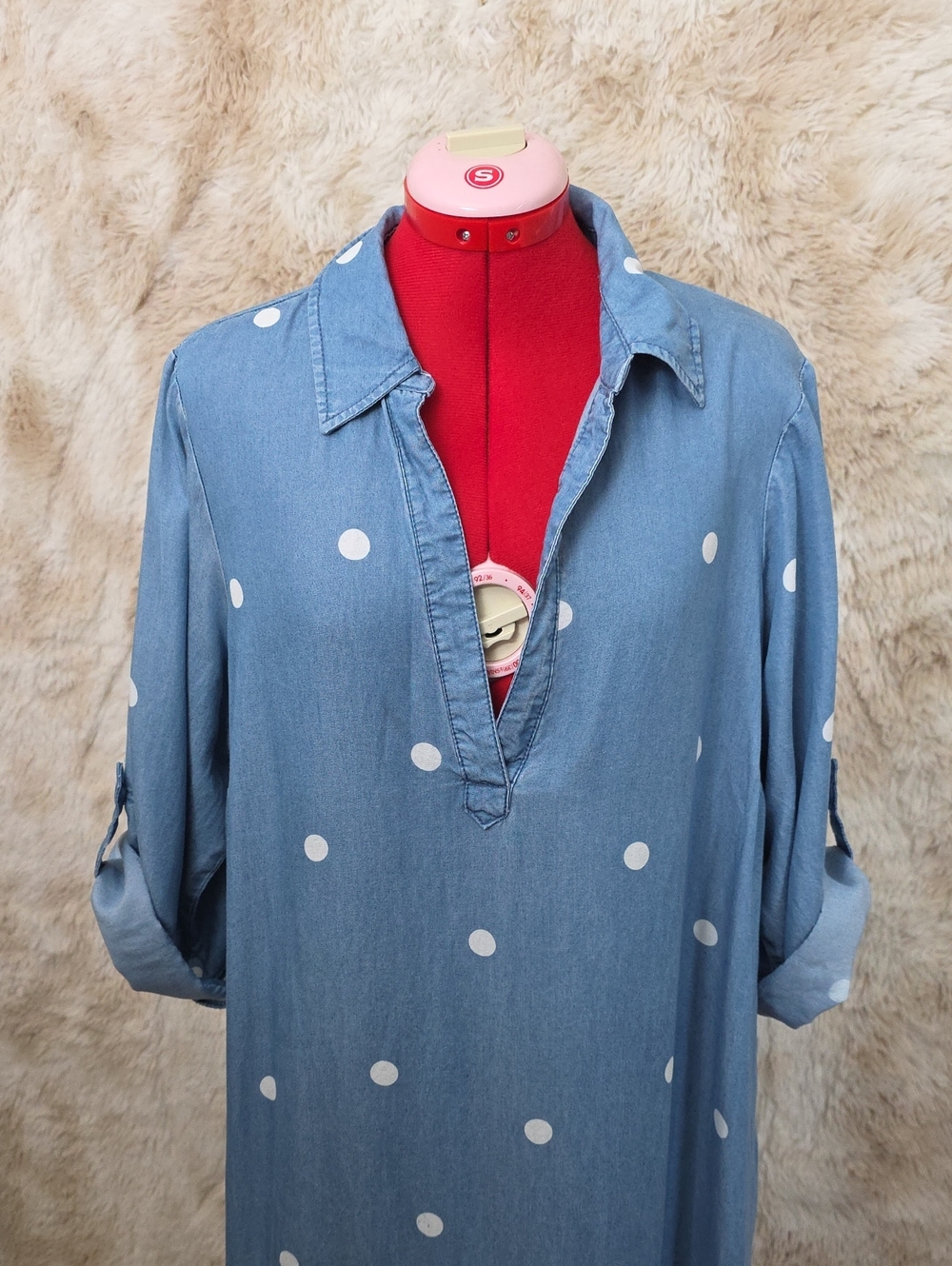 Ashley Stewart Blue Polka Dot Lyocell Shirt Dress 14/16 Roll Tab Sleeves Plus Si - Picture 7 of 10